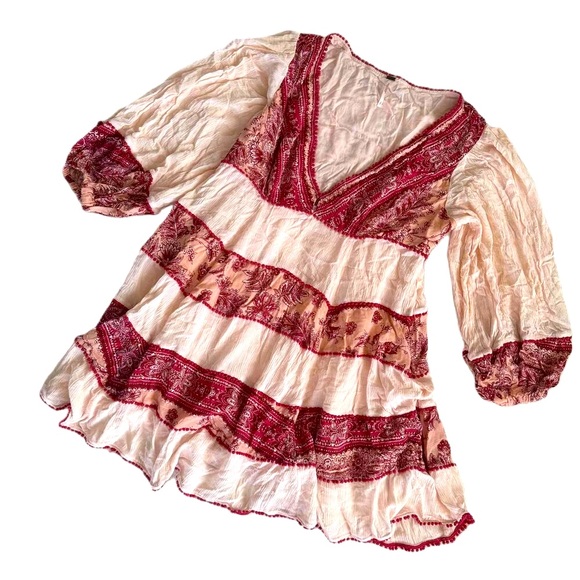 Free People My Love Mini Dress S Small Bohemian Patterned V Neck Long Sleeve - Picture 2 of 9